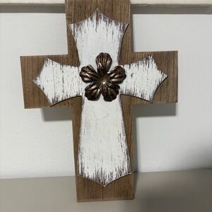 Loving Kindness Rustic Wood Wall Cross White Distressed Metal Flower SPLD8651